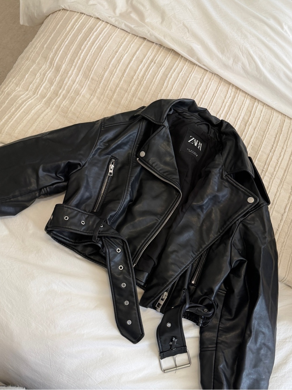 Zara Black Faux Leather Moto Jacket with Belt